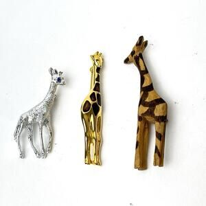 Lot 3 Giraffe Brooch Pins Gold And Silver Tone Figural Wood Inset Resin Spots
